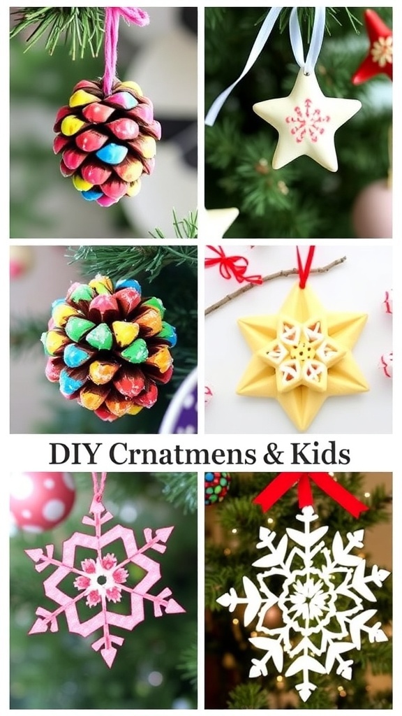 Colorful DIY Christmas ornaments including painted pine cones, salt dough shapes, and paper snowflakes.